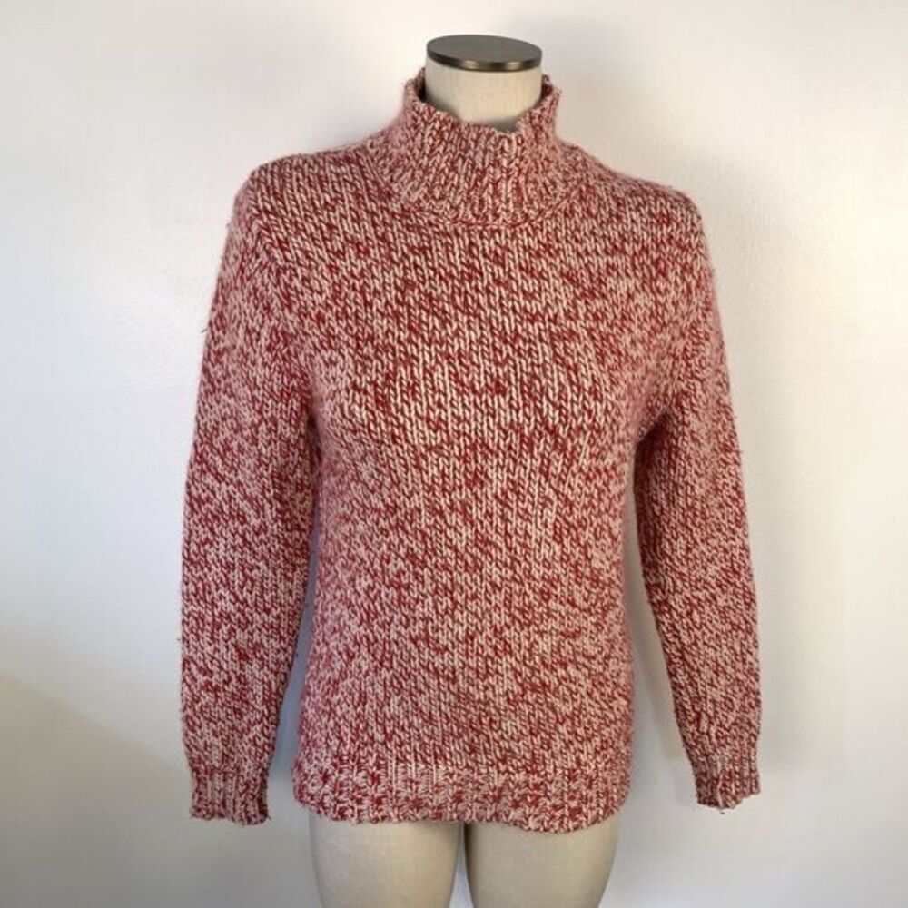 Eddie Bauer Chunky Knit Sweater Turtle Red White 70% Lamb Wool 20% Rabbit Size M